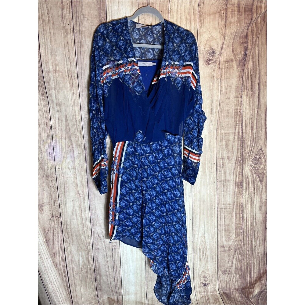 Preen Line Womens Long Sleeve V- Neck High Low Midi Dress Blue Red Small